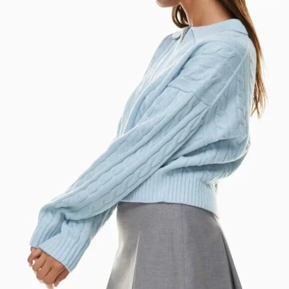 Aritzia Sunday Best Wool Lottie V-Neck Cable Knit Polo Sweater Light Blue XS - Picture 2 of 8